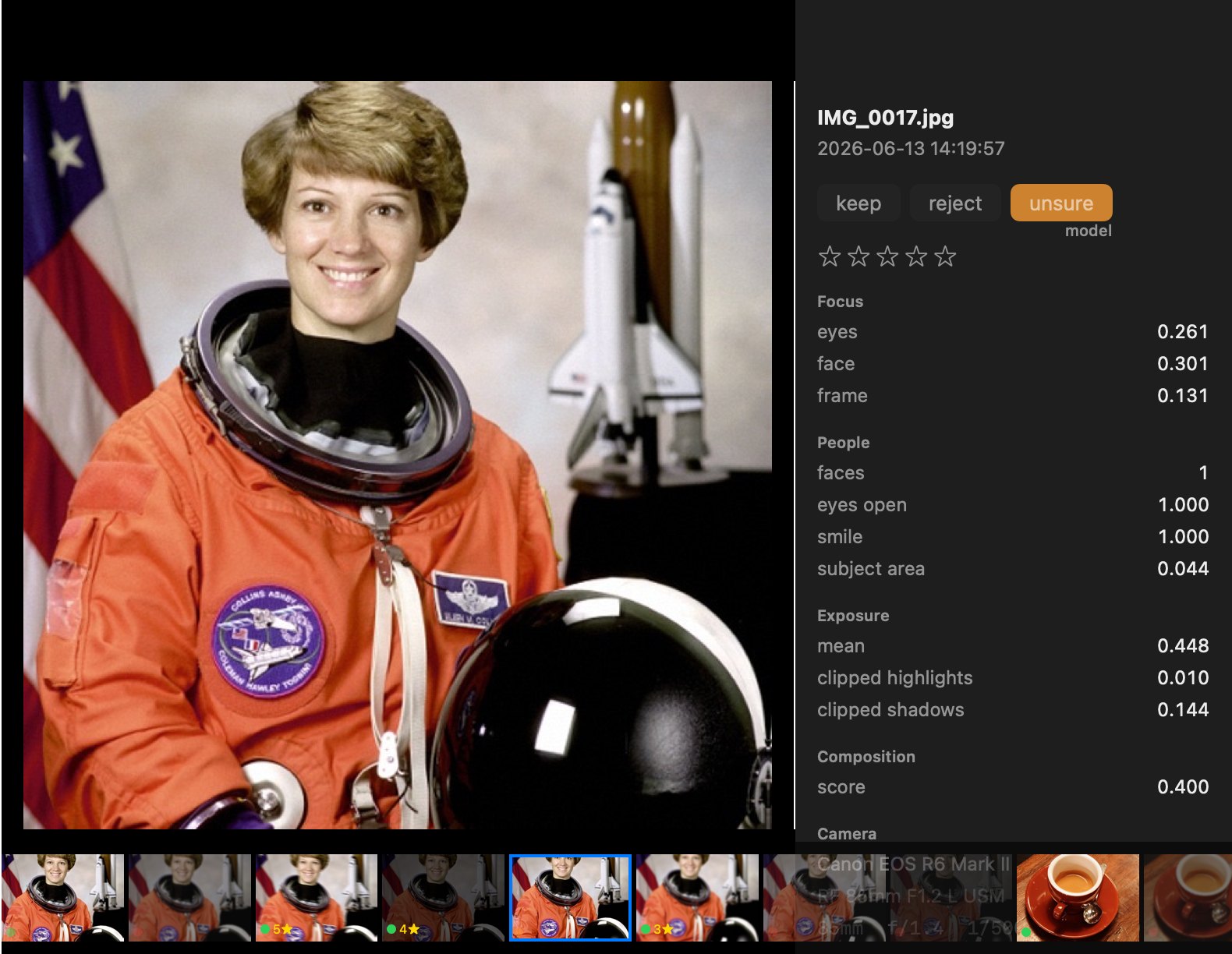 A single photograph filling the window with a panel beside it listing focus, people, exposure, composition and camera measurements, and a row of five stars.